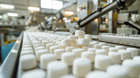 Marshmallow production line with soft sweets on a conveyor. Generative AIの素材