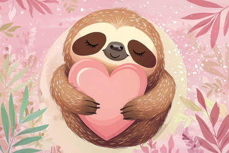 Kawaii sloth hugging a heart-shaped pillow, sleepy eyes, soft pink and pastel background. Generative AIの素材