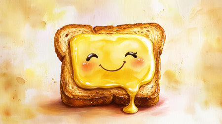 Kawaii toast with melted butter forming a smiling face, simple and cute breakfast theme. Generative AIの素材