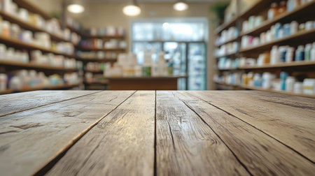 Clean, light wooden surface, blurred pharmacy workspace. Generative AIの素材