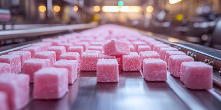 Marshmallow production line with soft sweets on a conveyor. Generative AIの素材