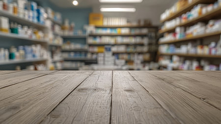 Clean, light wooden surface, blurred pharmacy workspace. Generative AIの素材