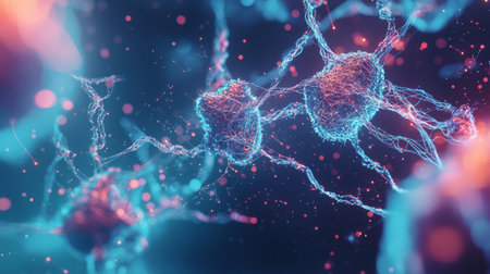 Medical research concept with microscopic molecular connections and futuristic blue tones. Generative AIの素材