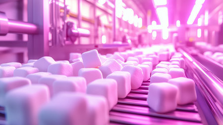 Marshmallow production line with soft sweets on a conveyor. Generative AIの素材