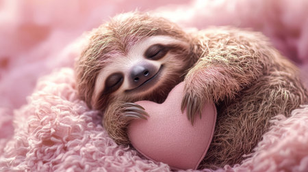 Kawaii sloth hugging a heart-shaped pillow, sleepy eyes, soft pink and pastel background. Generative AIの素材