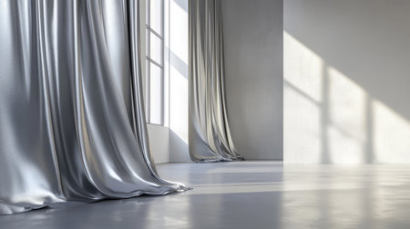 Minimalist modern space with silver satin drapes, diffused natural light, and a serene atmosphere. Generative AIの素材