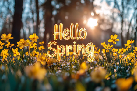 Magical golden sunrise with Hello Spring. Generative AIの素材