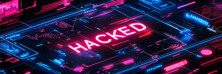 showing a HACKED warning message, filled with digital lines and symbols indicating a cybersecurity attack. Generative AIの素材