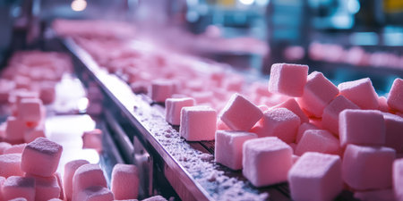 Marshmallow production line with soft sweets on a conveyor. Generative AIの素材