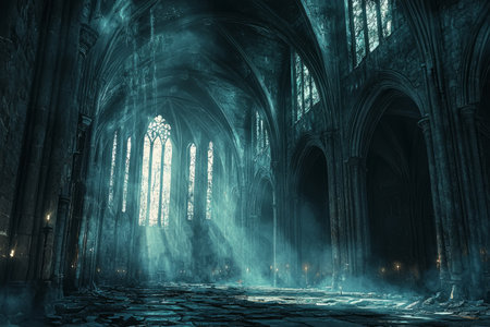 Mesmerizing ruins of ancient Gothic cathedrals: eerie, atmospheric interiors with arched stone architecture, dim candlelight and mystical light. Generative AIの素材