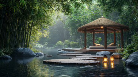 serene meditation platform in a bamboo forest, mental health programs. Generative AIの素材