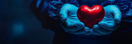 medical professional wearing gloves holds a red heart symbol, representing healthcare, compassion, organ donation, and cardiovascular health. Generative AIの素材