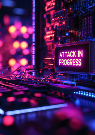 hacked computer system with a bold warning message ATTACK IN PROGRESS on the screen. Generative AIの素材