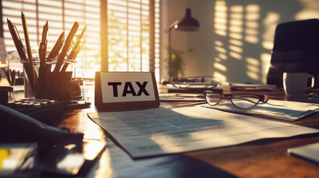 Modern office desk with financial documents and TAX overlay. Generative AIの素材