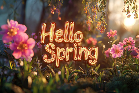 Magical golden sunrise with Hello Spring. Generative AIの素材