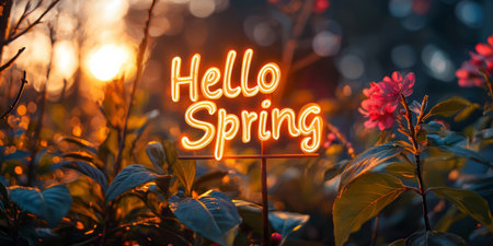 Magical golden sunrise with Hello Spring. Generative AIの素材