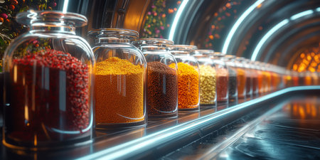 spice containers, each holding a vividly colored powder or dried herb. Generative AIの素材