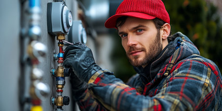 Repairman installing a new water heater, adjusting settings on the control panel. Generative AIの素材