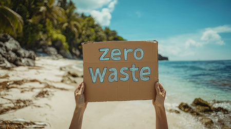 Person holding a sign promoting zero waste on beach, cleanup event. Generative AIの素材