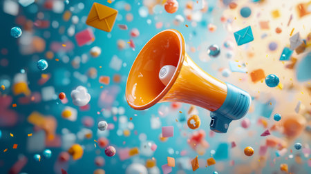 colorful megaphone surrounded by social media icons, representing digital marketing, online communication. Generative AIの素材