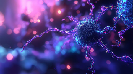 Medical research concept with microscopic molecular connections and futuristic blue tones. Generative AIの素材