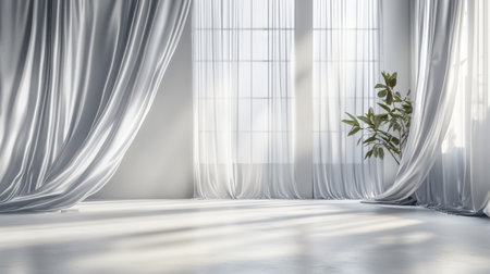 Minimalist modern space with silver satin drapes, diffused natural light, and a serene atmosphere. Generative AIの素材