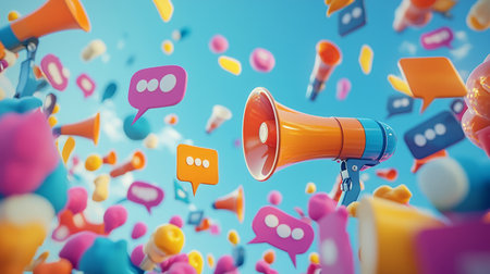 colorful megaphone surrounded by social media icons, representing digital marketing, online communication. Generative AIの素材