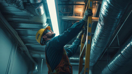 Professional HVAC technician servicing a ventilation system, ladder and tools nearby. Generative AIの素材