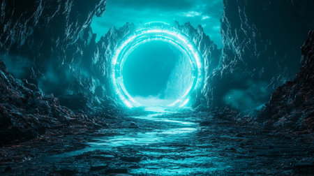 Neon Turquoise Passage - A turquoise portal with futuristic symbols, glowing on a dark alien plain. Generative AIの素材