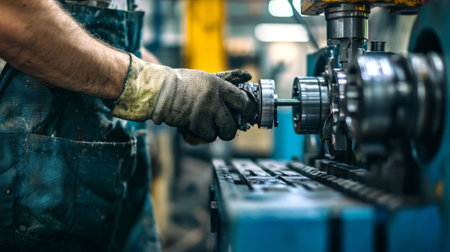 Repairman tightening bolts on an industrial machine, workplace safety gear on. Generative AIの素材