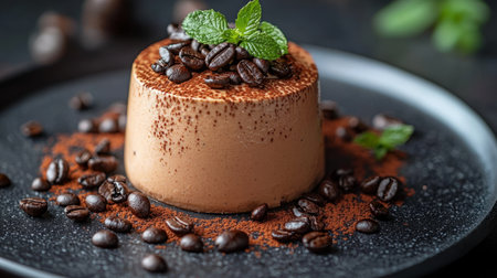Rich espresso-infused mousse texture, with dark coffee beans sprinkled on top. Generative AIの素材