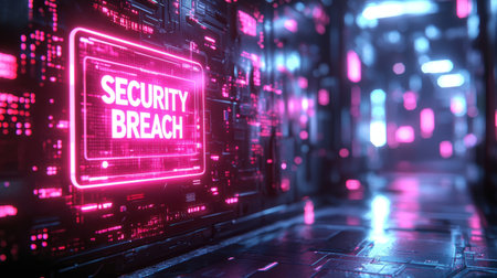 Sci-fi inspired cyberattack with holographic screen showing SECURITY BREACH in bold, glitching tex. Generative AIの素材