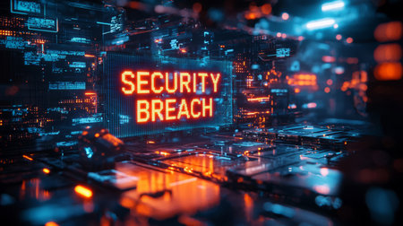 Sci-fi inspired cyberattack with holographic screen showing SECURITY BREACH in bold, glitching tex. Generative AIの素材