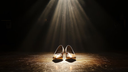 pointe shoes, placed on a dark stage and illuminated by a single beam of light. Generative AIの素材