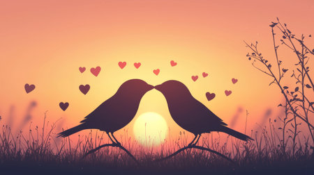 silhouette of two lovebirds blowing kisses. Generative AIの素材