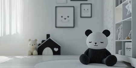 Simple and stylish child room with white walls, black accents, and monochrome decor. Generative AIの素材