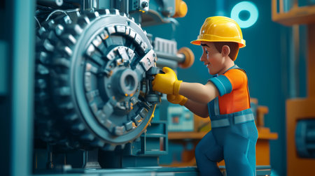 Repairman tightening bolts on an industrial machine, workplace safety gear on. Generative AIの素材