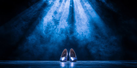 pointe shoes, placed on a dark stage and illuminated by a single beam of light. Generative AIの素材