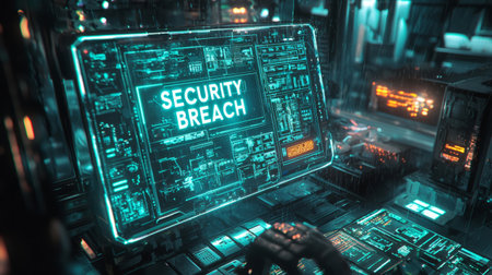 Sci-fi inspired cyberattack with holographic screen showing SECURITY BREACH in bold, glitching tex. Generative AIの素材