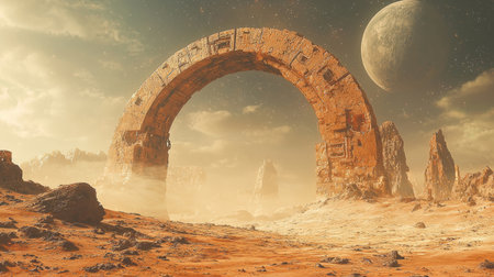 Rusted, mechanical arches from a forgotten off-world civilization, dusty planet. Generative AIの素材