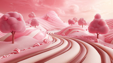 surreal pink landscape featuring smooth, flowing hills and cotton-like trees, creating a soft and dreamlike fantasy world filled with warmth. Generative AIの素材