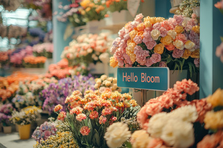 Colorful flower market with blooming spring flowers with sign Hello Bloom. Generative AIの素材