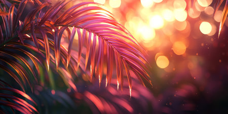 Soft bokeh light effect with warm summer sunset hues and subtle palm leaf silhouettes. Generative AIの素材