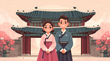 stylish couple in contemporary hanbok standing in front of a traditional gate. Generative AIの素材