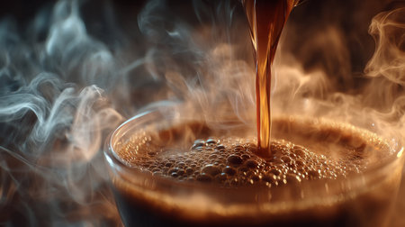Steam swirling in soft focus while espresso pours cleanly in center frame. Generative AIの素材