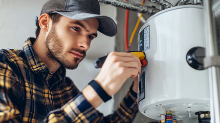 Repairman installing a new water heater, adjusting settings on the control panel. Generative AIの素材