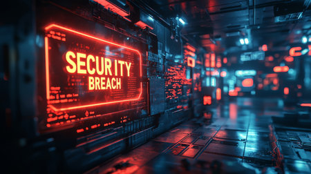 Sci-fi inspired cyberattack with holographic screen showing SECURITY BREACH in bold, glitching tex. Generative AIの素材