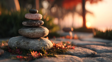 warm autumn sunset shines softly over the zen stones. Generative AIの素材