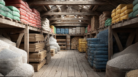 Industrial Warehouse with Colorful Bagged Goods on Pallets. Generative AIの素材