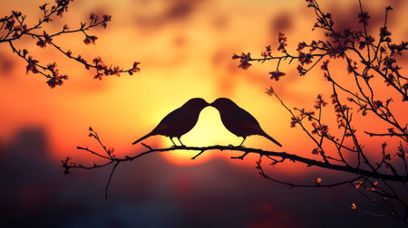 silhouette of two lovebirds blowing kisses. Generative AIの素材